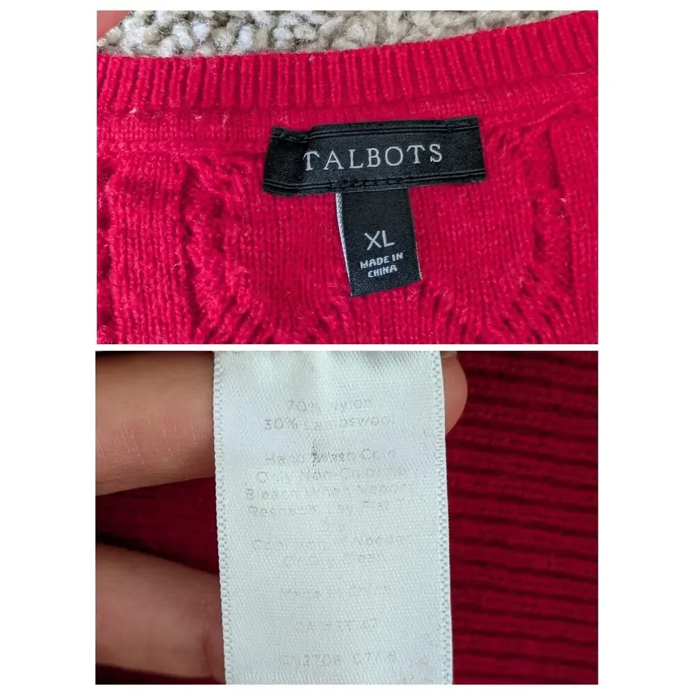 Talbots Cable Knit Sweater XL Red Lambs Wool Blend Old Money Granny Holiday